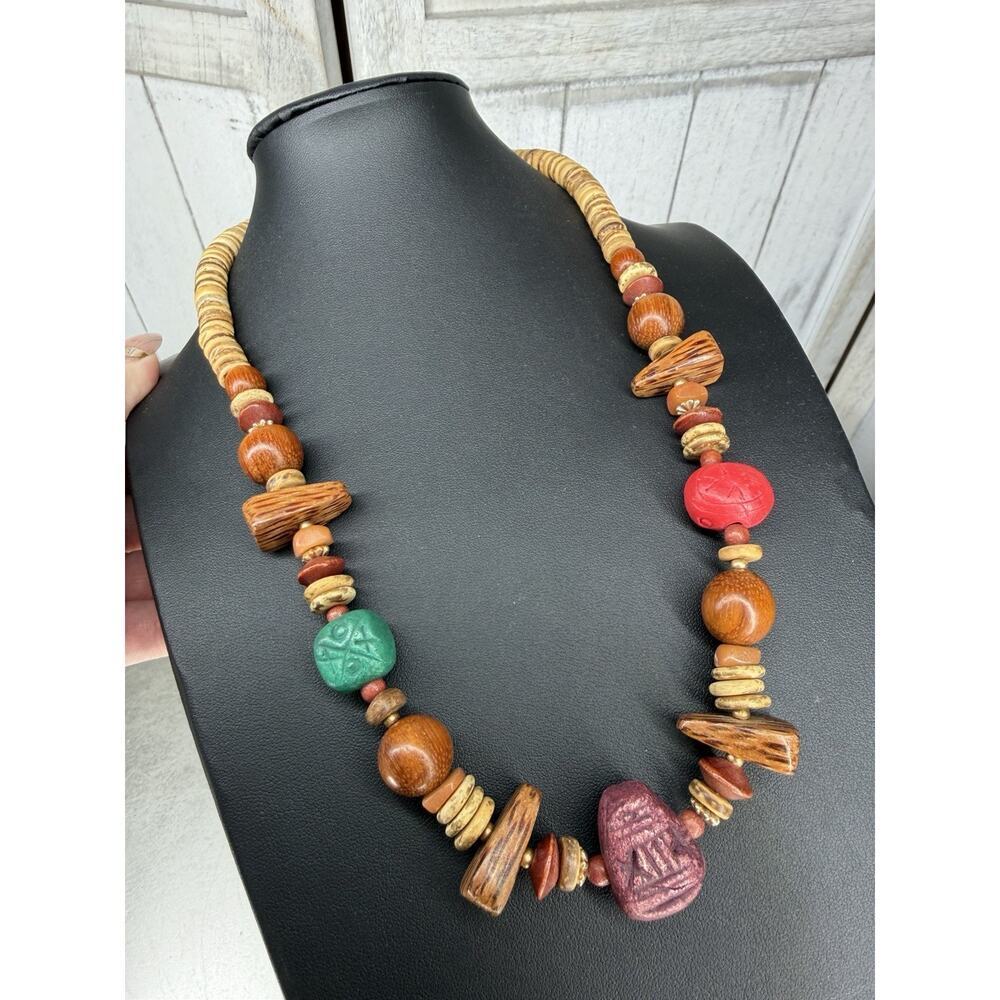 Vintage Boho Statement Necklace Wood Beads Multicolor 1970s 80s Tribal